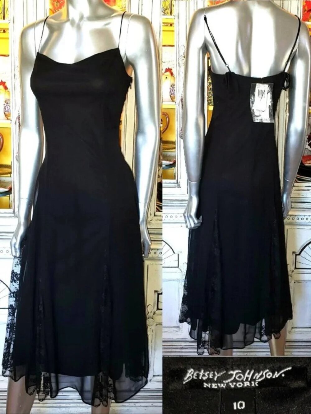 Betsey Johnson Slip Dress Vintage New York 90s Y2K Black Sheer Silk Lace Midi 10